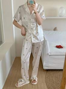 1 套青少年女孩蝴蝶结和波尔卡圆点印花白色短袖开衫和裤子柔软家居服女士睡衣套装纽扣睡衣套装 - 白色 - 查看 7