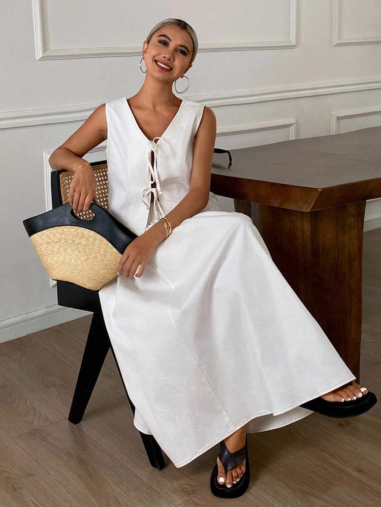 2pcs Women Solid Color Fitted Belted V-Neck Sleeveless Vest & Umbrella Skirt Casual Vacation Outfit Set, Autumn