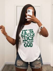 INAWLY 女式夏季圆领短袖休闲T恤，带标语印花，永远是幸运，永远是上帝，图案T恤女式上衣