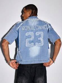 ROMWE MEN Prep Men's Denim Digit Patch Zip Front Casual Washed Top - Blue - View 2