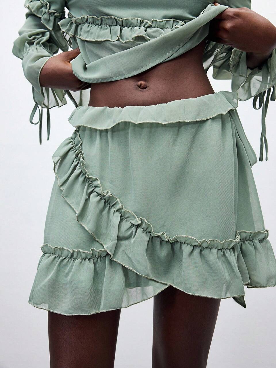 SHEIN Maija Women's Sage Green 2 Pieces Set Bohemian Tropical Vacation Holiday Brunch,Off-Shoulder Ruched Drawstring Ruffle Top And Mini Skirt,Autumn Chiffon
