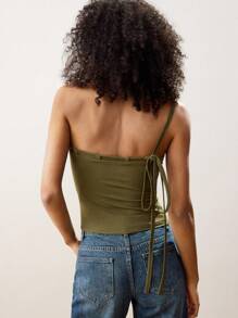 Maija Olive Green Cutout Single Shoulder Strap Women's Tank Top, Casual Design Festival Comfy Versatile For Spring & Summer - Green - View 5