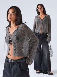 LYSMO 女士纯色落肩长袖镂空系带开衫 - 灰色 - 查看 1