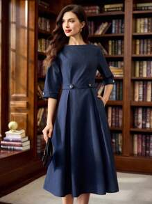 Vintamour 复古经典优雅女装秋冬修身船领连衣裙七分袖连衣裙海军蓝连衣裙金属纽扣口袋连衣裙 - 藏蓝色 - 查看 1
