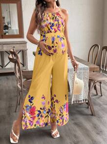 SHEIN 不对称印花长肩带孕妇连体裤 - 黃色 - 查看 3