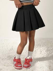 Coolane Kids 青少年女孩夏季可爱针织褶皱超黑色短款迷你裙，适合开学秋冬