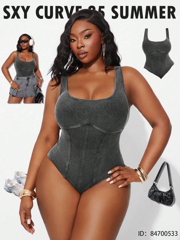SHEIN SXY Plus Size Women's Spring&Summer Elegant Sexy Basic Daily 95% Cotton Retro Washed-Out Square Neck Sleeveless Bodycon Bodysuit,Suitable For Western Wear,Cruise Attire,Music Festival Plus Size Crop Tops Plus Size Summer Tops