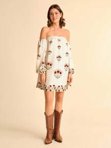 CAJUNI 女士休闲度假米红色花朵单肩印花长袖灯笼袖露肩短裙约会夜服装女士秋季连衣裙女士演唱会服装女士波西米亚风服装 - 彩色 - 查看 3