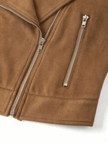 Ellevyn Women Fashion Lapel Collar Zipper Suede Fleece Short Jacket, Autumn Fall Women Clothes  Jacket - Khaki - View 5