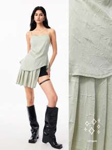 LYSMO Woman's Light Green Asymmetrical Strap Backless Top And Pleated Skirt Two Pieces Set - New Arrival Spring/Summer 2025 - Green - View 3