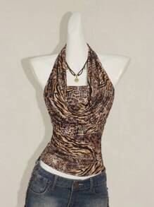 SHEIN ICON 2pcs Women Boho Brown Draped Country Concert Zebra And Leopard Print Bandeau Top And Strapless Camisole Set - Multicolor - View 4