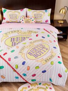 HARRY POTTER X SHEIN 3pcs Bedding Set, Jelly Bean Print Pattern, Pink Duvet Cover, Comfortable Soft Warm Washable, Suitable For Twin/Full/Queen/King Size Bed, Dorm/Home,Christmas