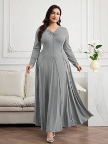 Mulvari Plus Size Women V-Neck Long Sleeve Elegant Solid Color Dress - Grey - View 4