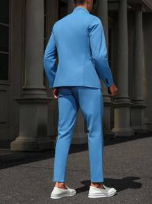 Manfinity Mode Set de 2 piezas compuesto por chaqueta de manga larga de una hilera y pantalones, conjunto de traje casual para hombre - Azul - Ver 2