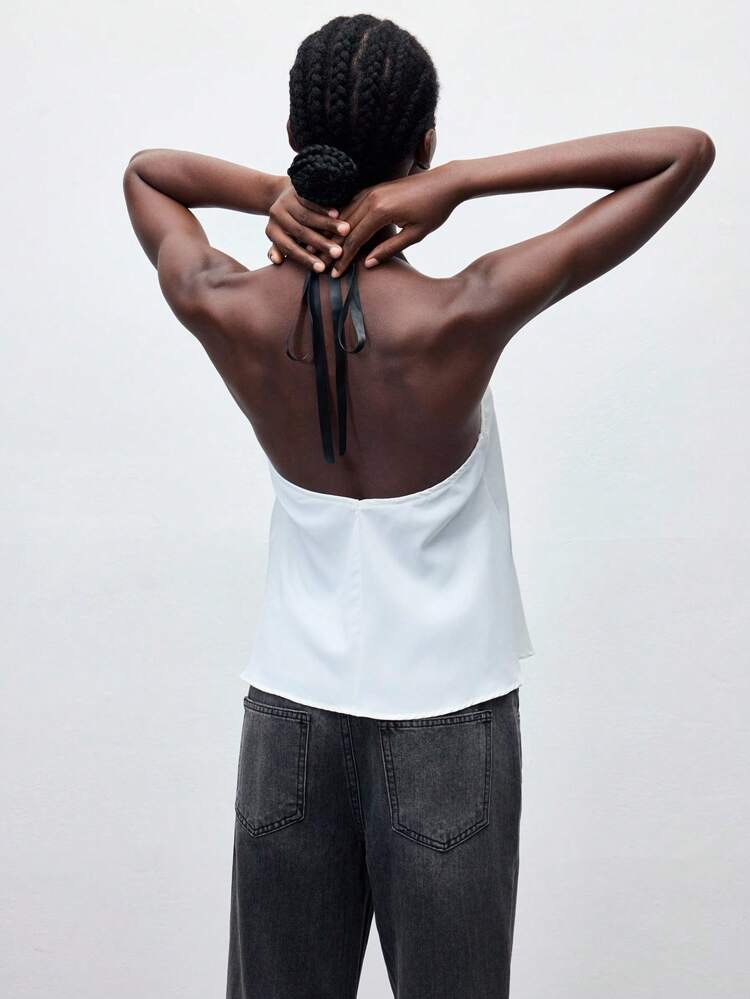 SHEIN Maija Women's White Halter Top With Black Bow Knot Detail - Casual And Cute Woven Fabric Sleeveless Top