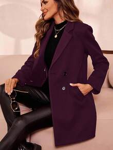 SHEIN Clasi 女士休闲百搭纯色羊毛大衣，秋冬 - 紫色 - 查看 6