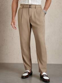 Manfinity Homme Quần ống côn xếp ly thiết kế khóa thắt lưng màu trơn cho nam - Màu Khaki - Xem 1
