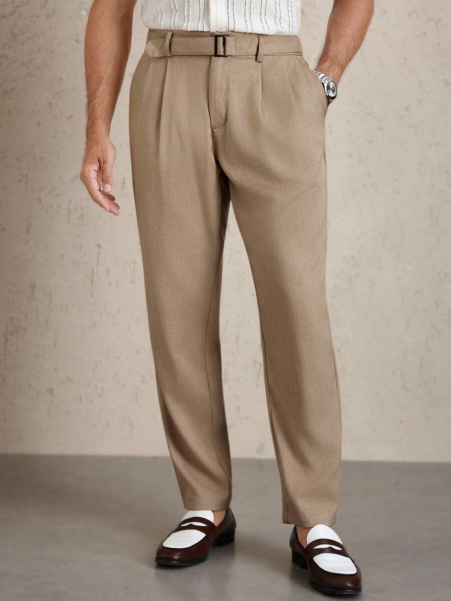 Manfinity Homme Quần ống côn xếp ly thiết kế khóa thắt lưng màu trơn cho nam - Màu Khaki - Xem 1