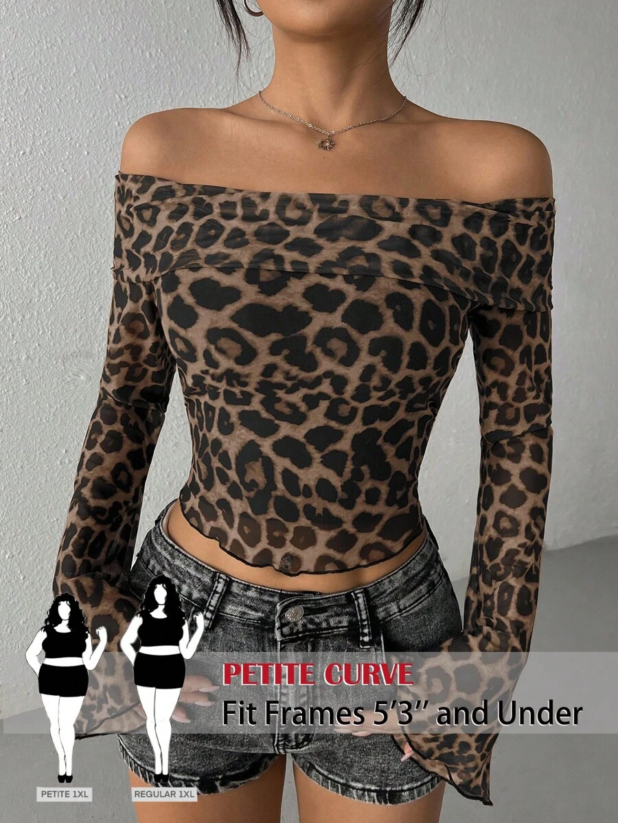SHEIN PETITE CURVE Plus Size Women Leopard Print Mesh Off Shoulder Flare Sleeve Cropped T-Shirt,Animal Print Brown Autumn Night Out Club Rave Long Sleeve Fall Clothes - Brown - View 1