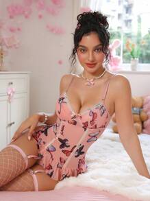 SHEIN 4件套女士浪漫花卉印花性感吊带背心套装 - 粉色 - 查看 4