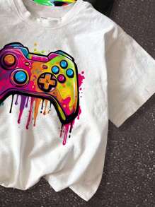 SHEIN Leap Crew 3件套青少年男童休闲简约卡通游戏机印花短袖圆领T恤，白色、黑色、卡其色可选，适合夏季穿着，棉混纺面料。 - 彩色 - 查看 4