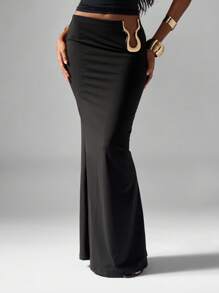 MISSGUIDED 高腰弹力修身长裙，侧面金色五金细节，及地长款晚会婚礼宾客夜间外出场合长款修身优雅时尚裙 - 黑色 - 查看 1