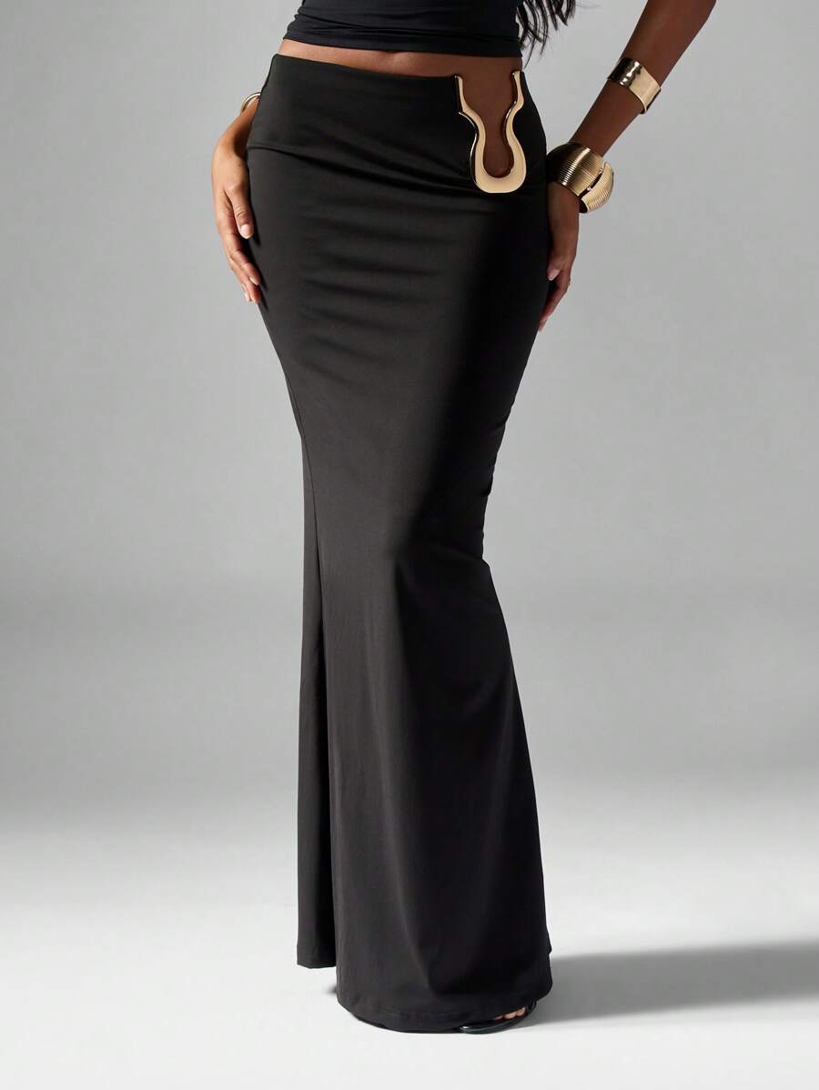 MISSGUIDED 高腰弹力修身长裙，侧面金色五金细节，及地长款晚会婚礼宾客夜间外出场合长款修身优雅时尚裙 - 黑色 - 查看 1