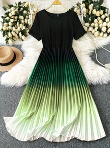 DreamSkyne Váy ôm tay ngắn dệt kim mềm mại xếp li viền ombre cỡ lớn cho nữ - Nhiều màu - Xem 1