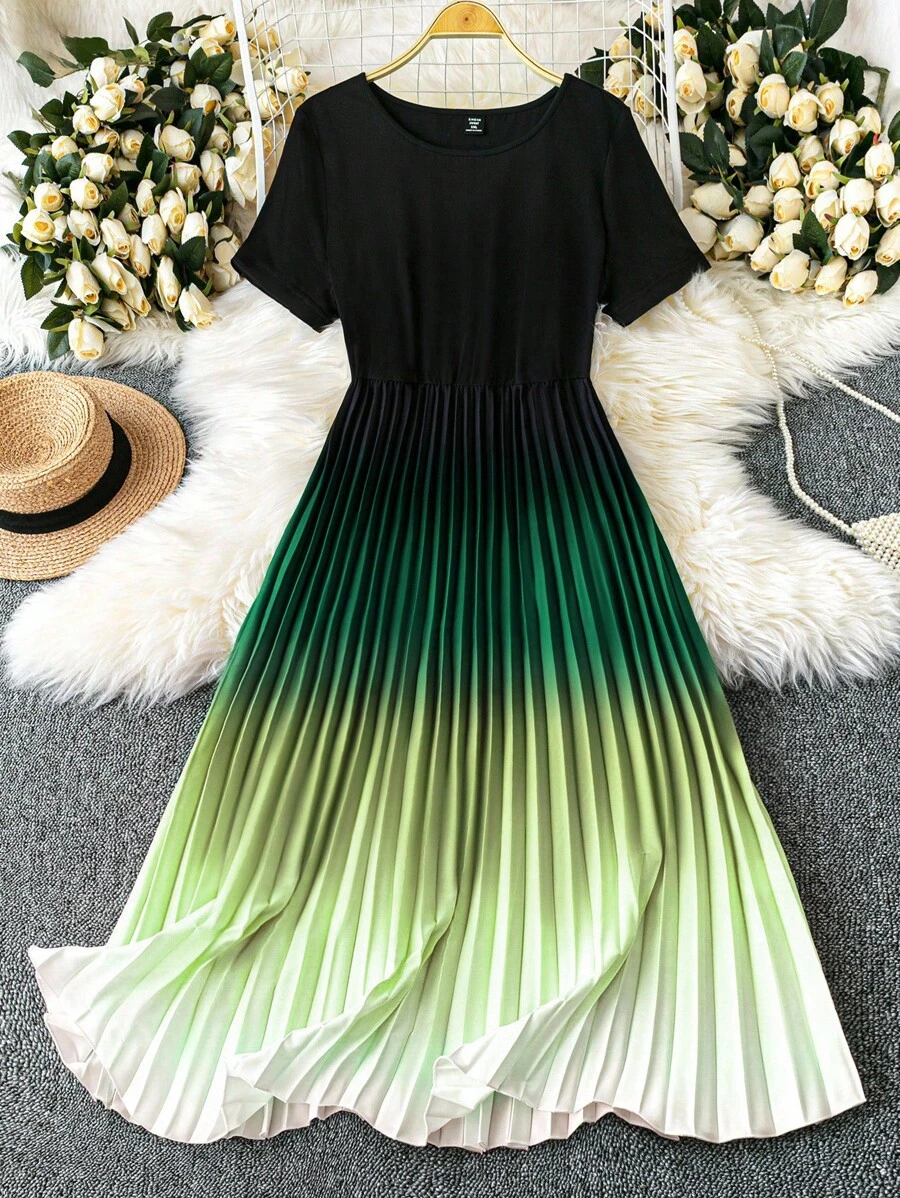 DreamSkyne Váy ôm tay ngắn dệt kim mềm mại xếp li viền ombre cỡ lớn cho nữ - Nhiều màu - Xem 1