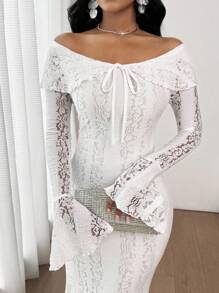 SHEIN Lady White Lace Off-Shoulder Form-Fitting Slim Long Bodycon Dress,Fall Wedding Guest Dress - White - View 8