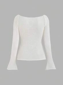 SHEIN Unity Women Crew Neck Mesh Sheer Sweater,Elegant Off-White Autumn Brunch Solid Undershirt Knit Pullover,European American Style Design Detail Top - White - View 2