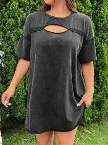 SHEIN EZwear Vestido de talla grande para mujer con cuello de encaje y encaje con copos de nieve y aspecto desgastado de chiffon - Negro - Ver 3