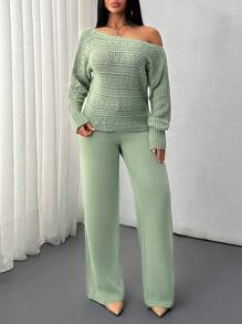 EURMUSE Solid Color Holo Out Batwing Sleeve Sweater, Spring/Fall Season, Long Sleeve Top And Sweater Pant Comfortable Two Piece Set - Green - View 5