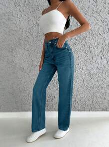 SHEIN Cottnline Solid Color Pockets Casual Straight Leg Jeans - Teal Blue - View 3