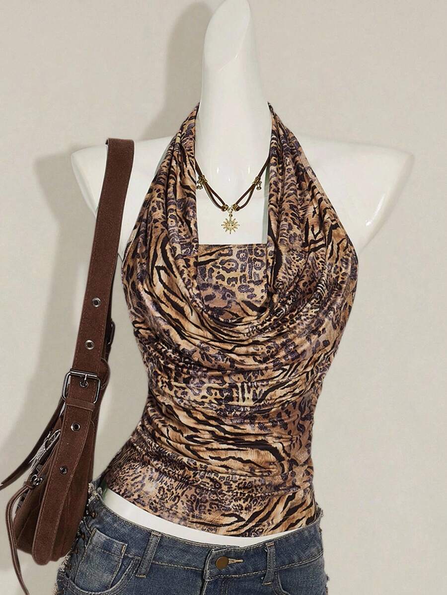 SHEIN ICON 2pcs Women Boho Brown Draped Country Concert Zebra And Leopard Print Bandeau Top And Strapless Camisole Set - Multicolor - View 1