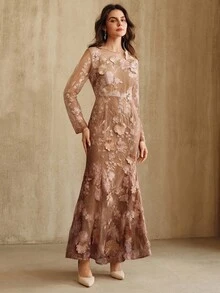 Anewsta 优雅花卉刺绣网眼鱼尾连衣裙