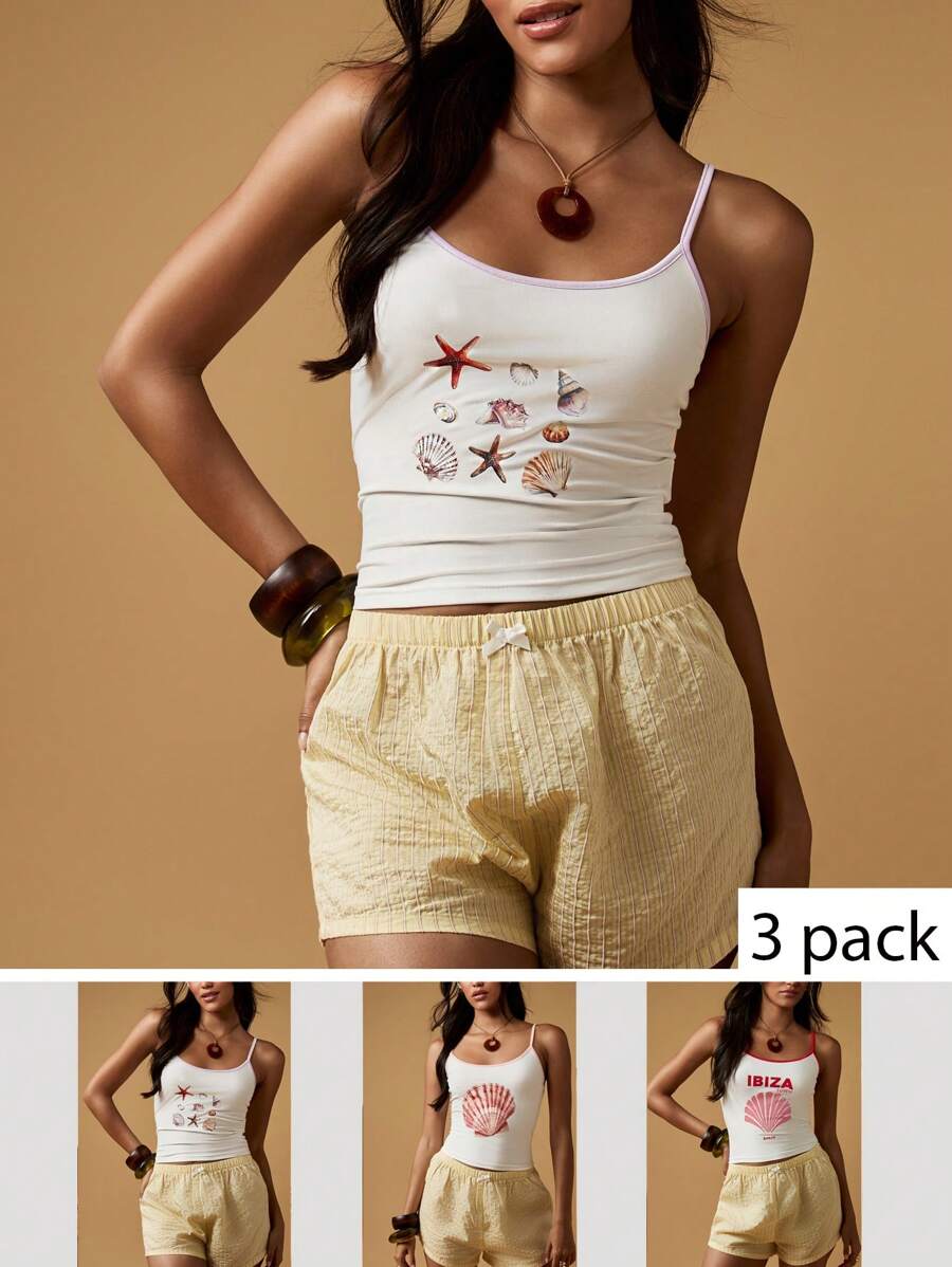 MISSGUIDED 3 Packs Seashell Print Cami Top Beach Vacation Summer Holiday Resort Spaghetti Strap Fitted Ribbed Top Multipack Hawaiian Coastal - Multicolor - View 1