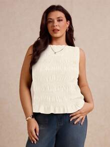 Elaquor Plus Size Women Solid Color Ruffle Hem Casual Tank Top,Going Out Tops,Holiday Spring To Summer - Beige - View 6