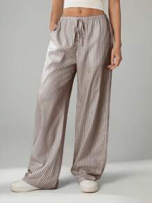 SHEIN Tall Damen gestreifte bedruckte Knoten Taschen Lässig vielseitige lange Hose