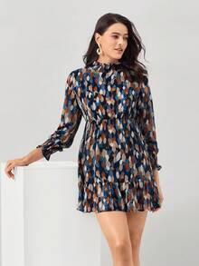 Miaspire Allover Print Flounce Sleeve Ruffle Hem Pleated Collar Shirred Dress - Blue - View 6
