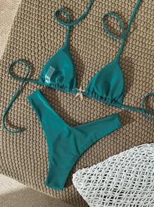 Swim Vcay Bộ bikini gợi cảm màu trơn dây mảnh kim loại trang trí cho nữ, mùa hè - màu xanh lá - Xem 2