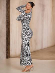 Avenne Vestido largo ajustado de cuello alto con estampado animal de manga larga, para mujer, para otoño/invierno