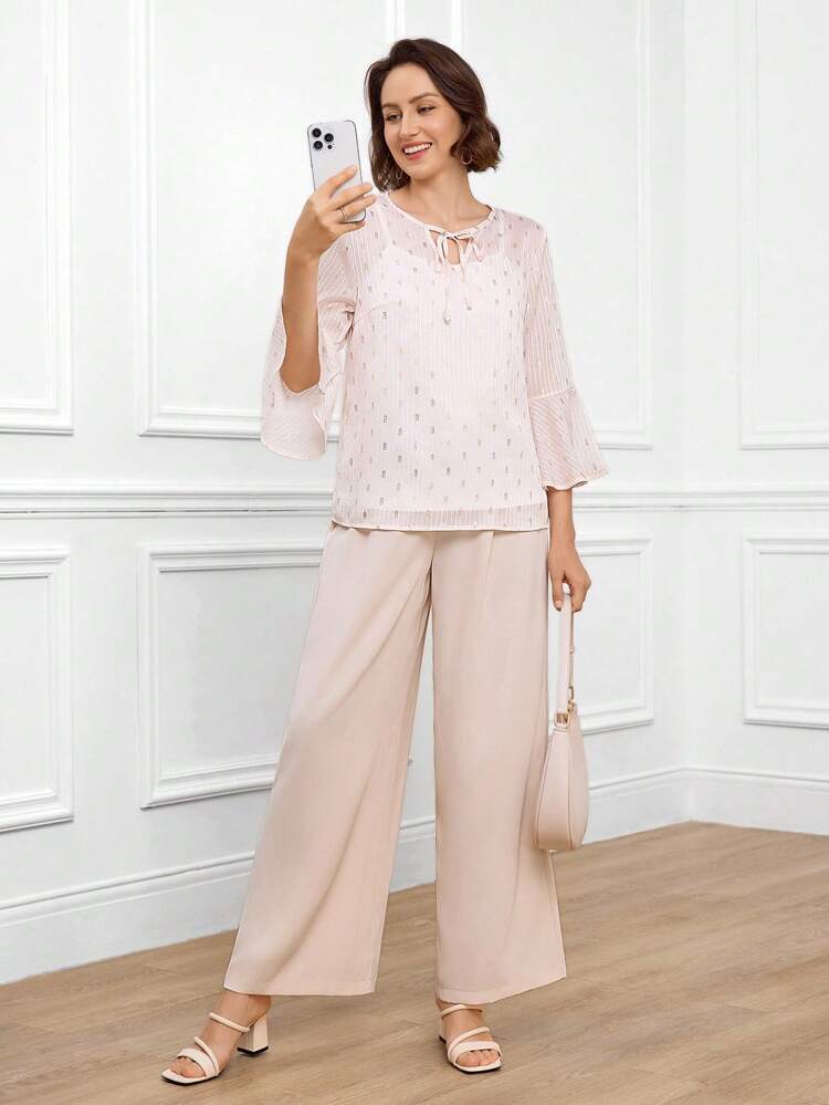 2pcs Women Daily Casual Streetwear Set, Foil Fabric Top & Pants Blouse And Pants Set Ladies Casual Sets Set Outfit For Women Elegant Wide Leg Pants Set Two Piece Pants Set Women, Fall Women Clothes,Winter Outfit For Women,Old Money Style Women,Business Casual Woman,Teacher Outfits For Women,Going Out Outfits,Birthday Sets For Women,Delicate Romance