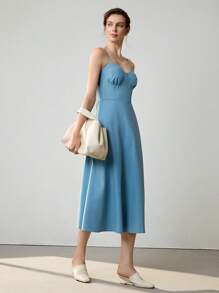 Uhlyne 女士优雅性感细肩带亚麻 A 字中长连衣裙 - 藍色 - 查看 7