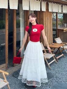 DAZY 女士夏季蕾丝拼接休闲A字裙 - 白色 - 查看 6