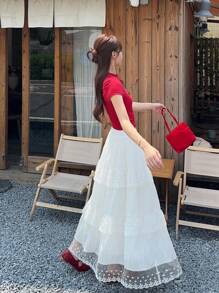 DAZY 女士夏季蕾丝拼接休闲A字裙 - 白色 - 查看 7