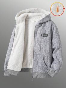 SHEIN Tween Boy 灰色连帽夹克，纹理面料，字母印花，装饰口袋，落肩设计，柔软面料，百搭，休闲，百搭，舒适 - 灰色 - 查看 3