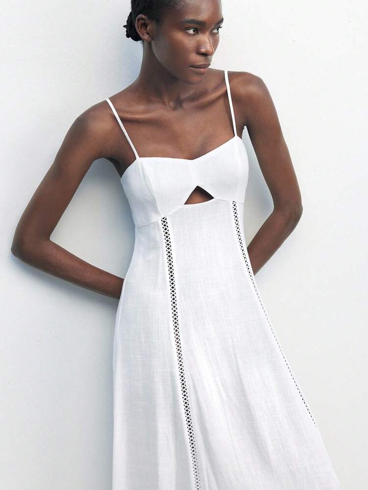 SHEIN Maija White Lace Patchwork Sleeveless Dress For Women, Casual Vacation Style, Minimalist Fashion, Suitable For Holiday, Beach Outings, Halloween,Fall Dresses For Women Casual Dress