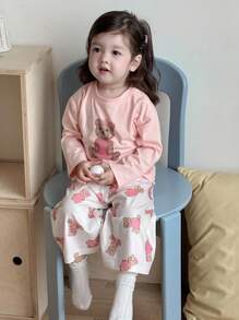 Dazy Kids Baby Girl Letter & Cartoon Bear Print Long Sleeve Top And Pants Pajamas,Toddler Fall Clothes - Baby Pink - View 2