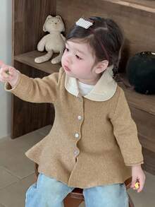 DAZY 女婴撞色翻领长袖单排扣荷叶边下摆可爱开衫 幼儿女童服装 - 卡其色 - 查看 3